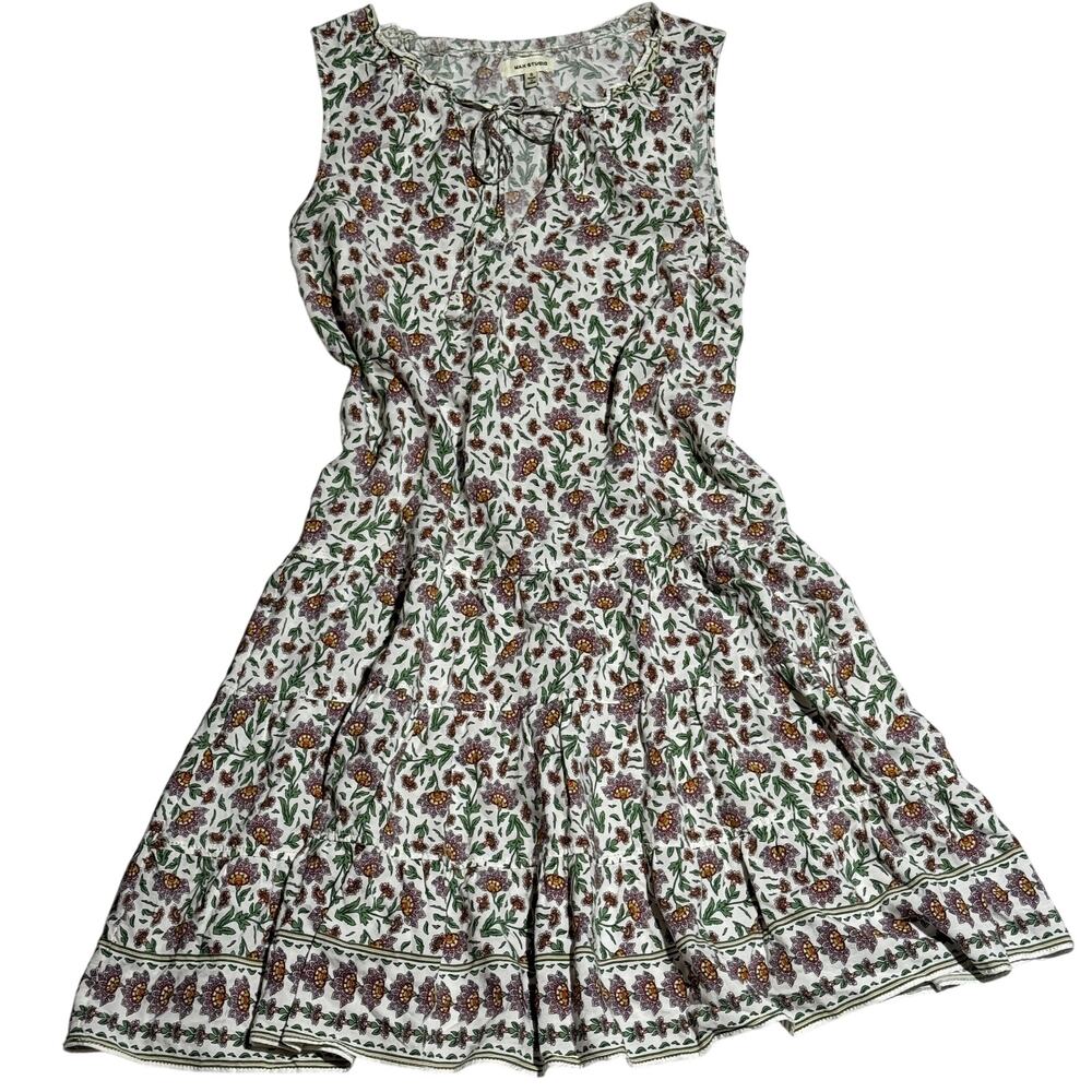 Max Studio Dress Small Womens Floral Boho Sleeveless Tie Neck White Green